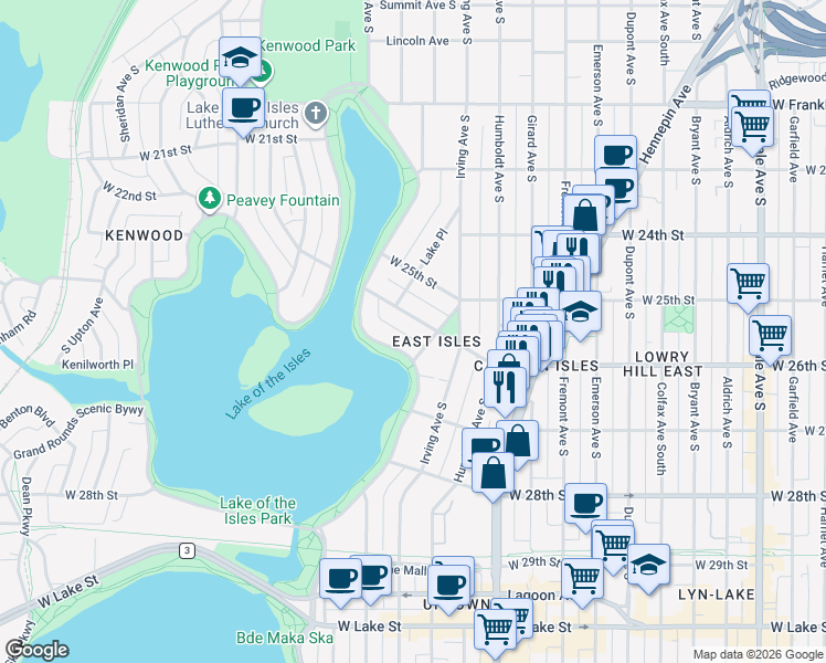 map of restaurants, bars, coffee shops, grocery stores, and more near 1627 West 26th Street in Minneapolis