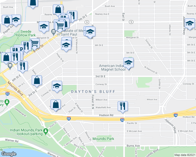 map of restaurants, bars, coffee shops, grocery stores, and more near 956 3rd Street East in Saint Paul