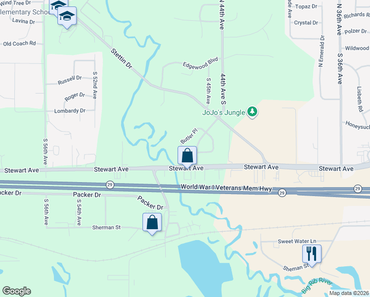 map of restaurants, bars, coffee shops, grocery stores, and more near 651 Butler Place in Wausau