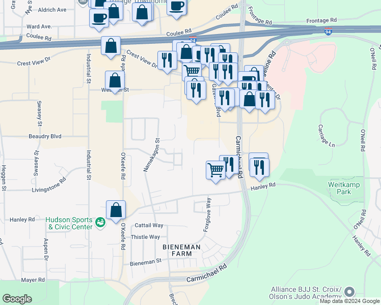 map of restaurants, bars, coffee shops, grocery stores, and more near 1301 Gateway Circle in Hudson