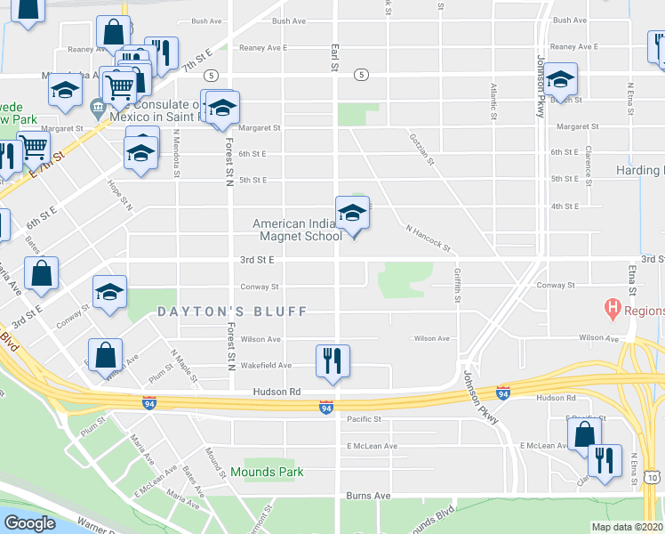map of restaurants, bars, coffee shops, grocery stores, and more near 1060 3rd Street East in Saint Paul