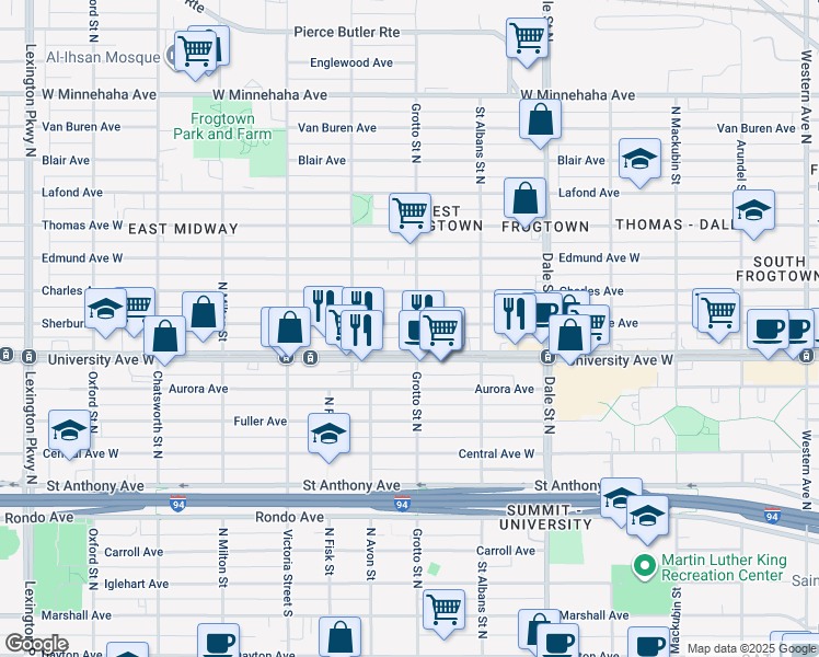 map of restaurants, bars, coffee shops, grocery stores, and more near 754 Sherburne Avenue in Saint Paul