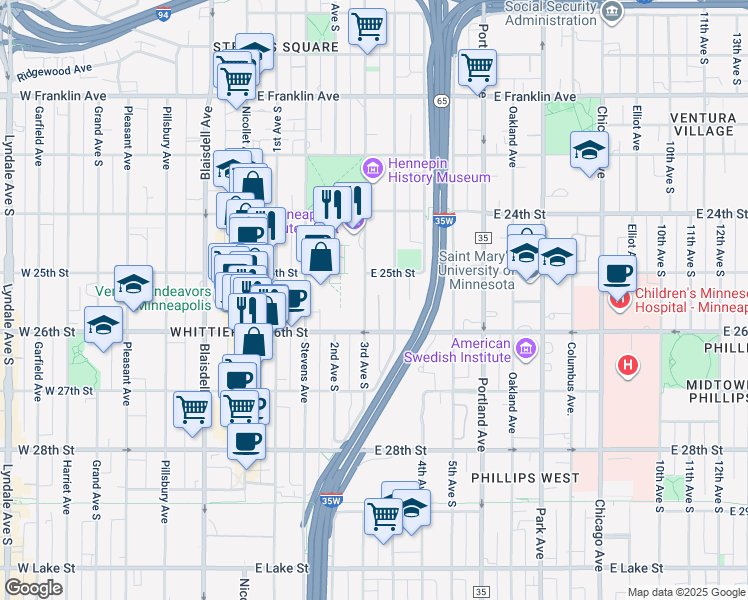 map of restaurants, bars, coffee shops, grocery stores, and more near in Minneapolis