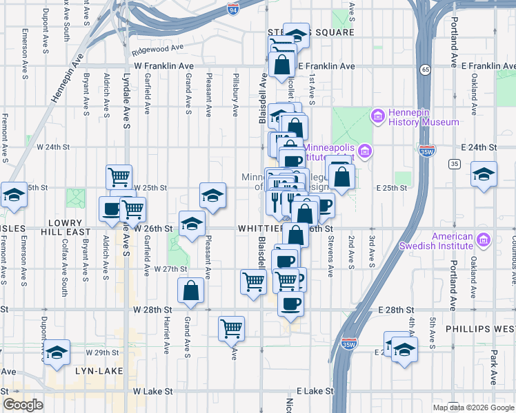 map of restaurants, bars, coffee shops, grocery stores, and more near 2521 Pillsbury Avenue in Minneapolis