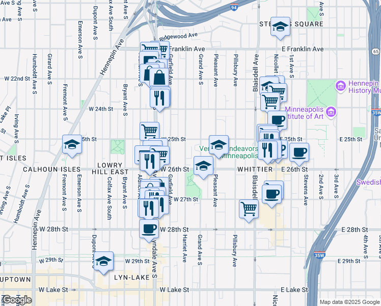 map of restaurants, bars, coffee shops, grocery stores, and more near 2520 Grand Avenue South in Minneapolis