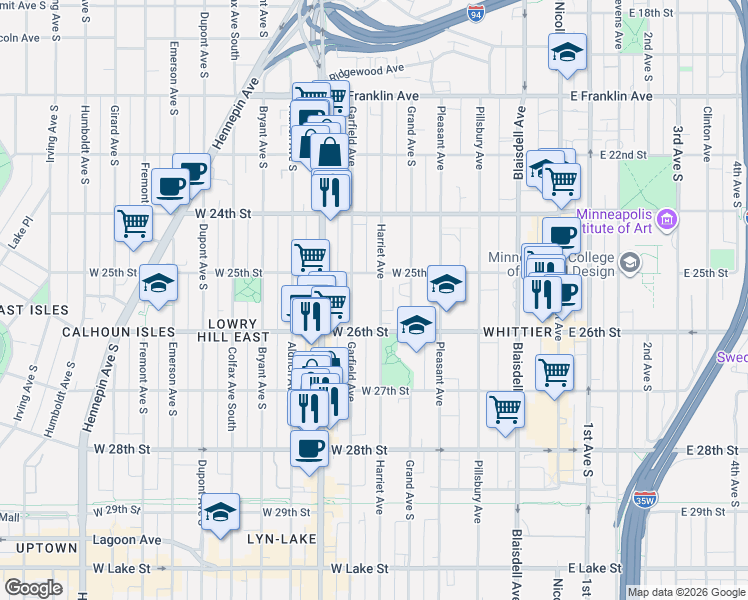 map of restaurants, bars, coffee shops, grocery stores, and more near 2521 Garfield Avenue in Minneapolis