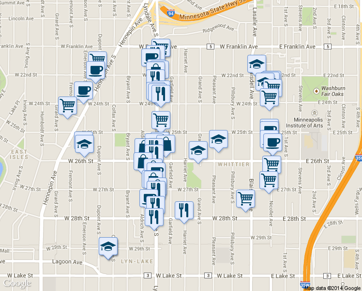 map of restaurants, bars, coffee shops, grocery stores, and more near 2521 Garfield Avenue in Minneapolis