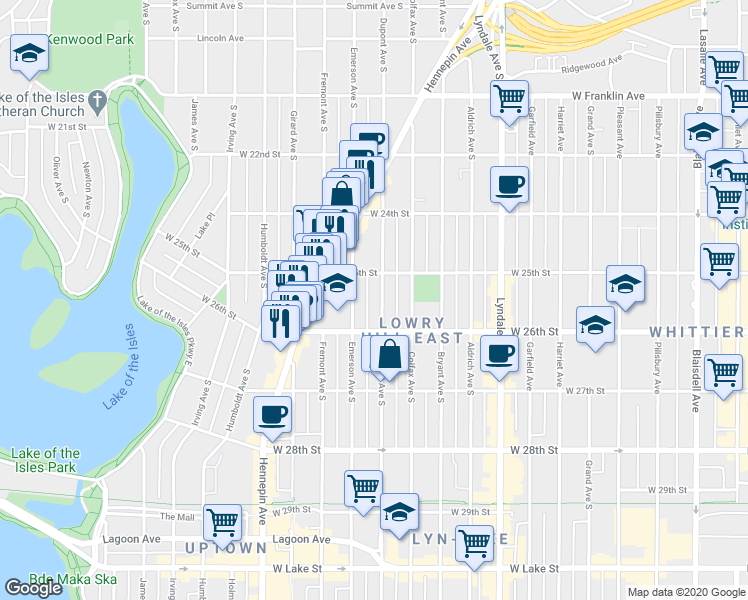 map of restaurants, bars, coffee shops, grocery stores, and more near 2525 Emerson Avenue South in Minneapolis