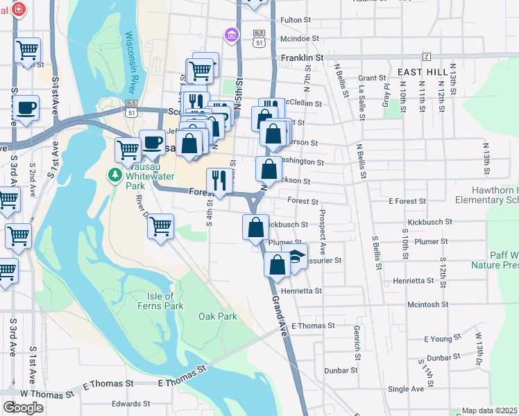map of restaurants, bars, coffee shops, grocery stores, and more near 601 Forest Street in Wausau