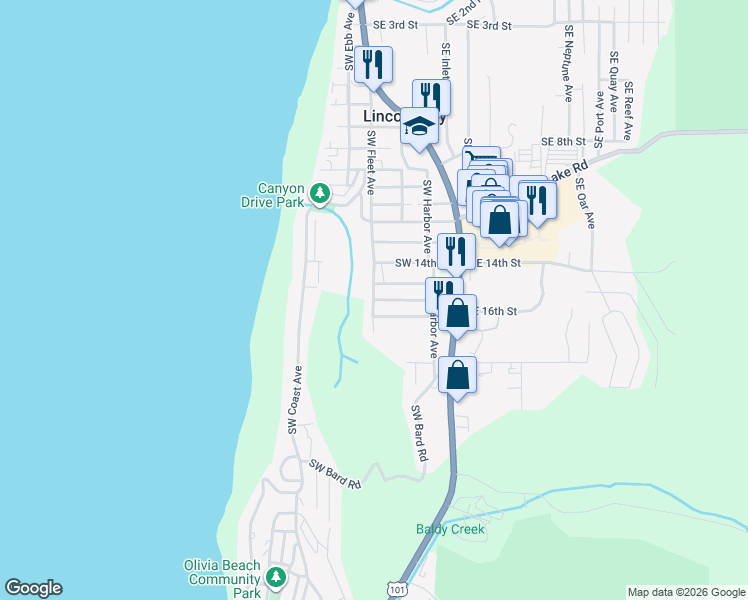 map of restaurants, bars, coffee shops, grocery stores, and more near 1000 Southwest 16th Street in Lincoln City