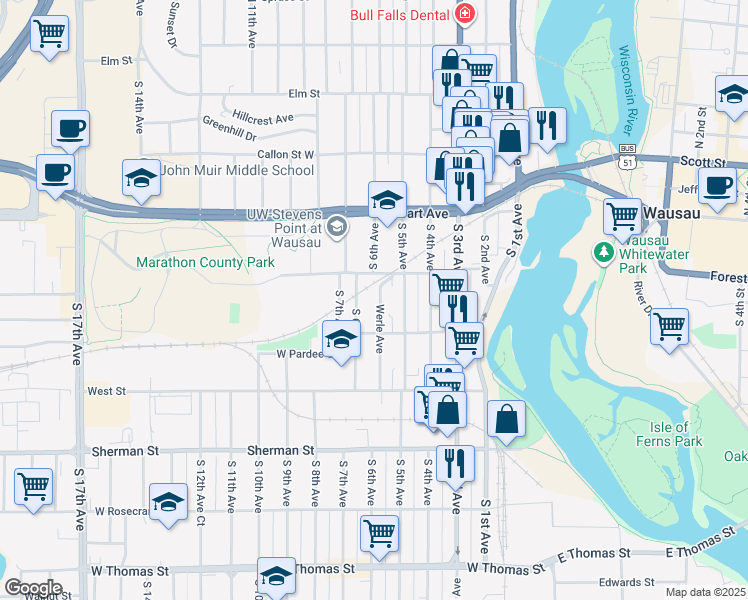 map of restaurants, bars, coffee shops, grocery stores, and more near 620 Werle Avenue in Wausau