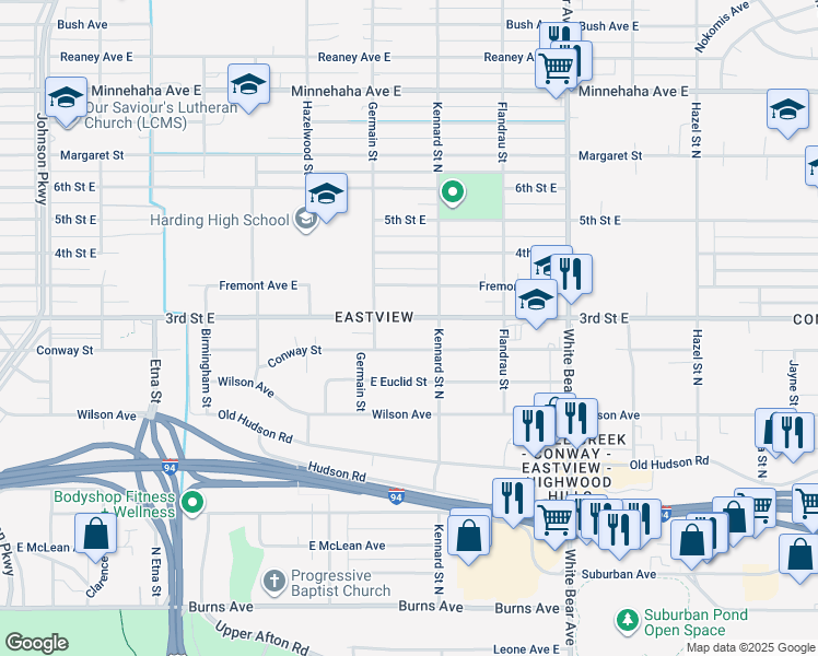 map of restaurants, bars, coffee shops, grocery stores, and more near 1636 3rd Street East in Saint Paul