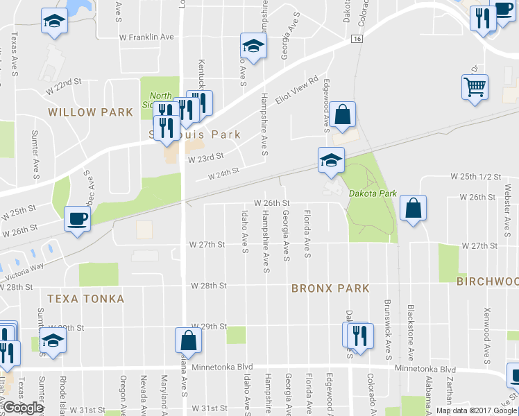 map of restaurants, bars, coffee shops, grocery stores, and more near 2604 Hampshire Avenue South in Minneapolis