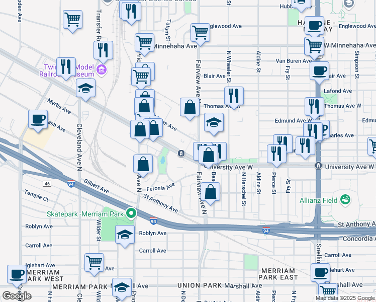 map of restaurants, bars, coffee shops, grocery stores, and more near 1845 University Avenue West in Saint Paul