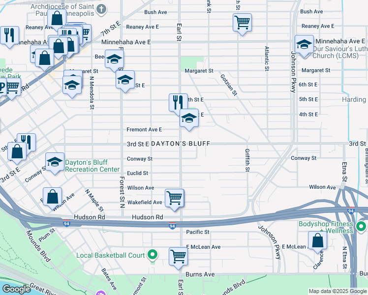 map of restaurants, bars, coffee shops, grocery stores, and more near 1060 3rd Street East in Saint Paul