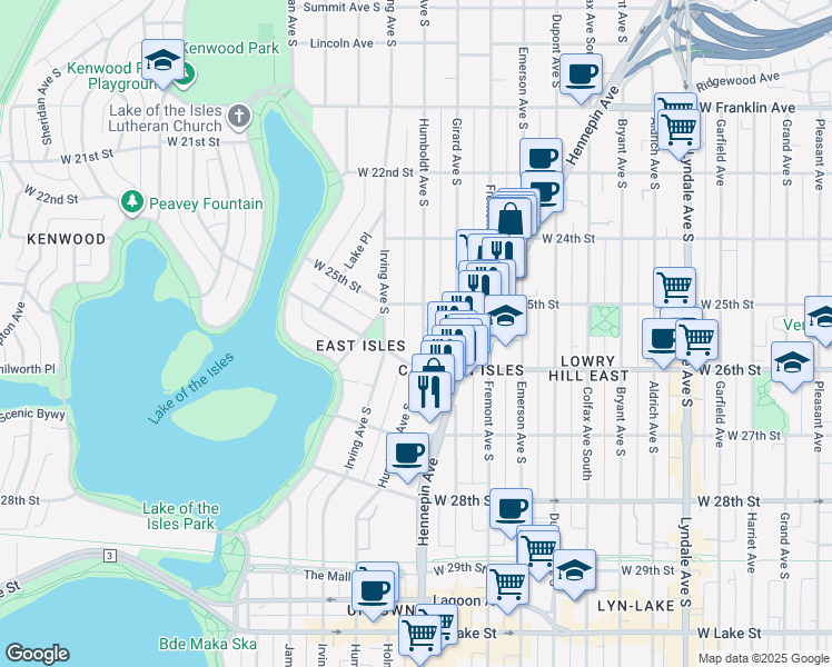 map of restaurants, bars, coffee shops, grocery stores, and more near 2522 Humboldt Avenue South in Minneapolis