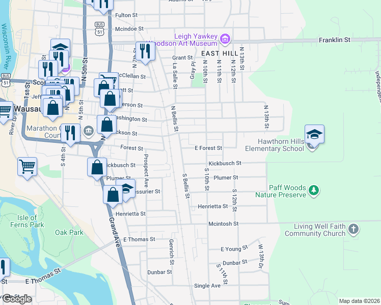 map of restaurants, bars, coffee shops, grocery stores, and more near 919 Forest Street in Wausau