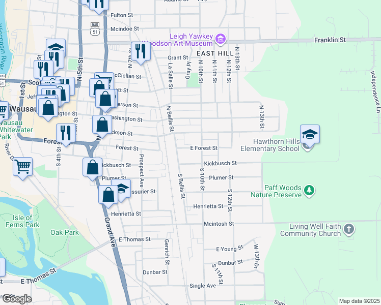 map of restaurants, bars, coffee shops, grocery stores, and more near 919 Forest Street in Wausau