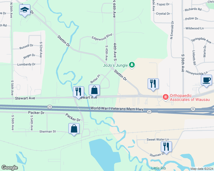 map of restaurants, bars, coffee shops, grocery stores, and more near 634 Brooks Place in Wausau