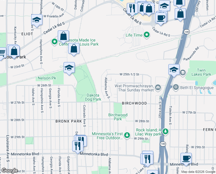 map of restaurants, bars, coffee shops, grocery stores, and more near 5916 West 26th Street in Minneapolis