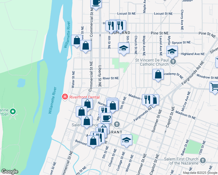 map of restaurants, bars, coffee shops, grocery stores, and more near South Saint Northeast in Salem