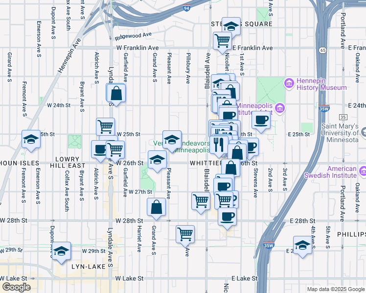 map of restaurants, bars, coffee shops, grocery stores, and more near 2520 Pillsbury Avenue in Minneapolis