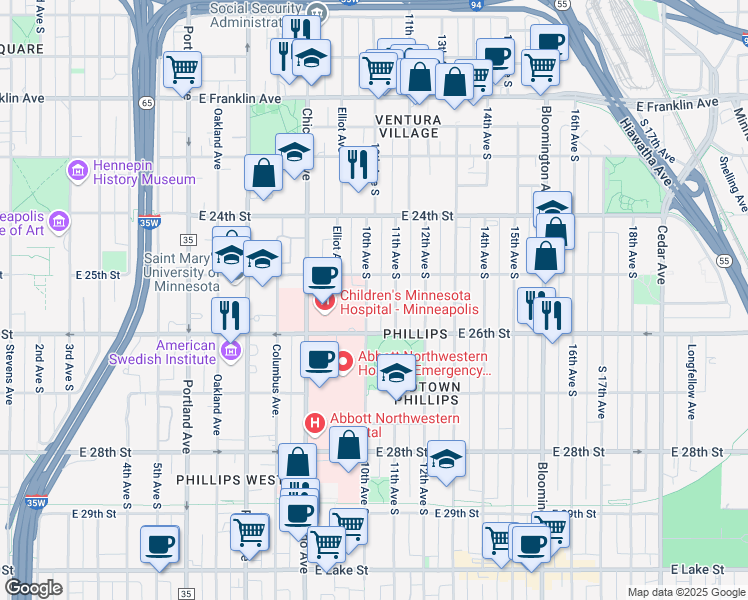 map of restaurants, bars, coffee shops, grocery stores, and more near 2519 10th Avenue South in Minneapolis