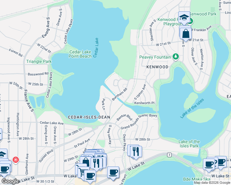 map of restaurants, bars, coffee shops, grocery stores, and more near 2550 Burnham Road in Minneapolis