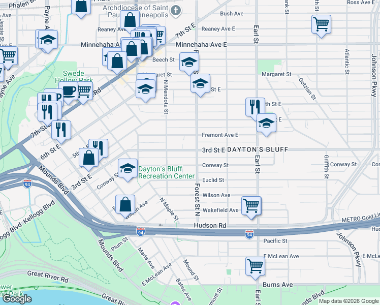 map of restaurants, bars, coffee shops, grocery stores, and more near 926 3rd Street East in Saint Paul