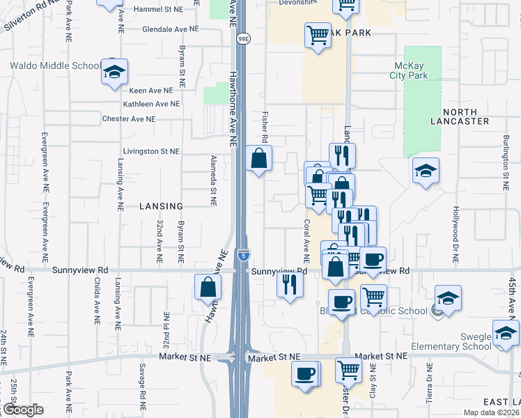 map of restaurants, bars, coffee shops, grocery stores, and more near 2325 Fisher Road Northeast in Salem