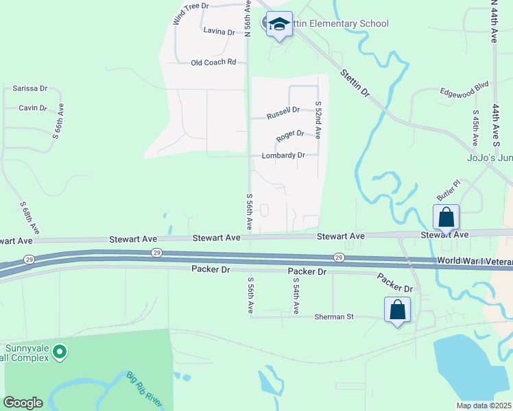 map of restaurants, bars, coffee shops, grocery stores, and more near 601 South 56th Avenue in Wausau