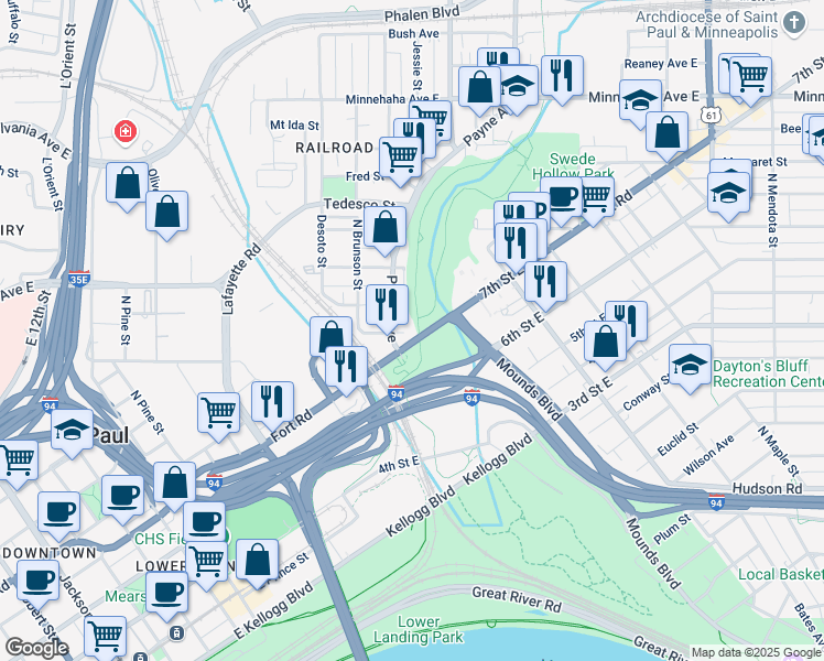 map of restaurants, bars, coffee shops, grocery stores, and more near 597 East 7th Street in Saint Paul