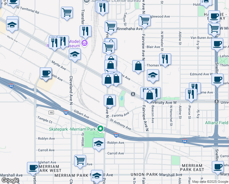 map of restaurants, bars, coffee shops, grocery stores, and more near 21 Oakley Avenue in Saint Paul