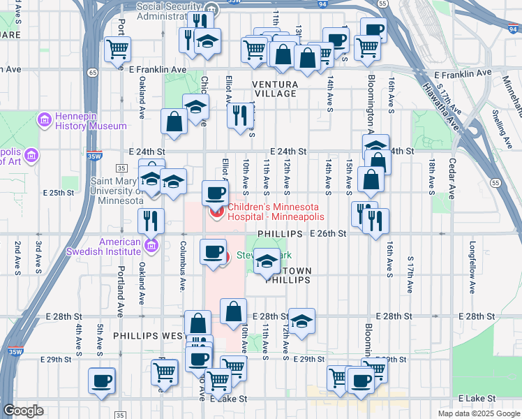map of restaurants, bars, coffee shops, grocery stores, and more near 2519 10th Avenue South in Minneapolis