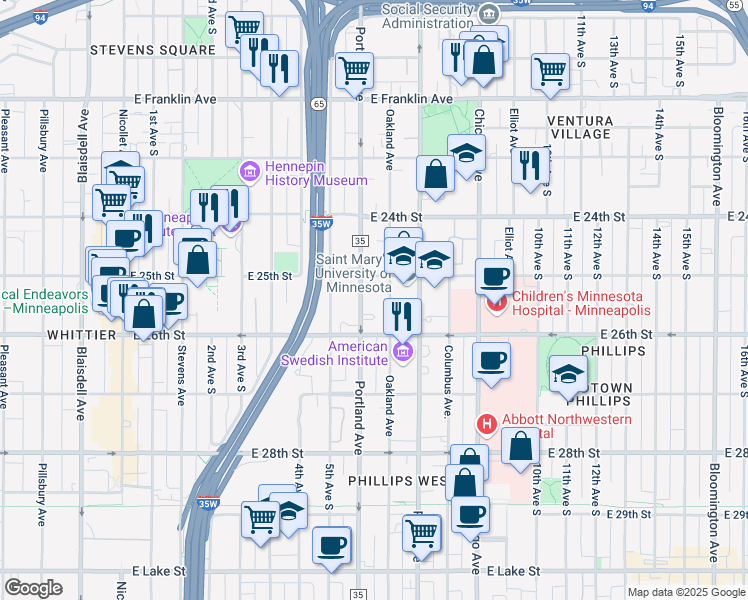 map of restaurants, bars, coffee shops, grocery stores, and more near 2523 Portland Avenue South in Minneapolis
