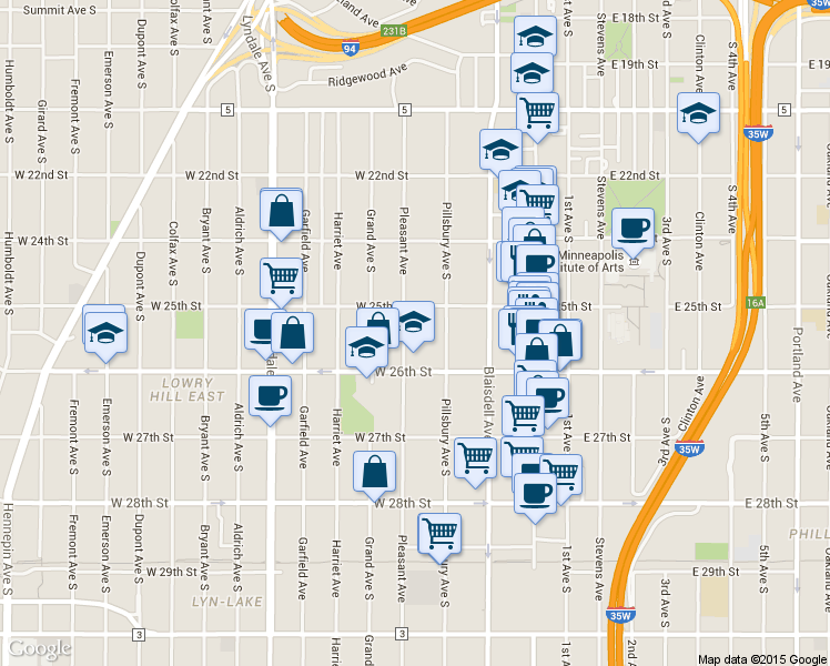 map of restaurants, bars, coffee shops, grocery stores, and more near 2520 Pillsbury Avenue in Minneapolis