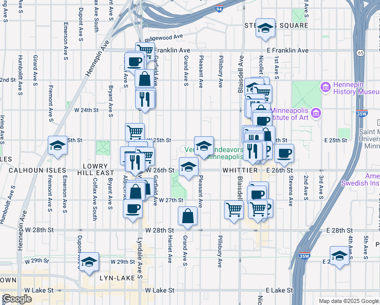 map of restaurants, bars, coffee shops, grocery stores, and more near 2524 Pleasant Avenue in Minneapolis
