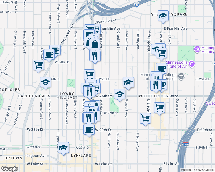 map of restaurants, bars, coffee shops, grocery stores, and more near 2521 Garfield Avenue in Minneapolis