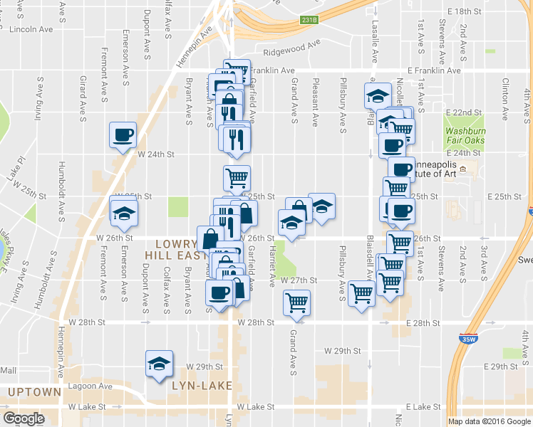 map of restaurants, bars, coffee shops, grocery stores, and more near 2521 Garfield Avenue in Minneapolis