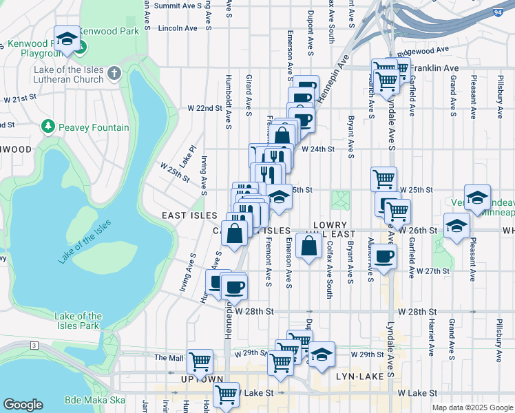 map of restaurants, bars, coffee shops, grocery stores, and more near 1327 25th 1/2 Street West in Minneapolis