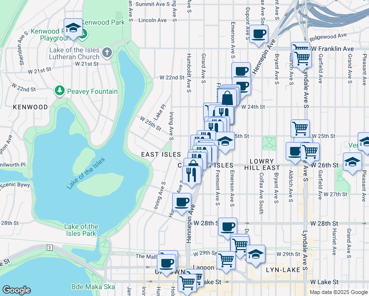 map of restaurants, bars, coffee shops, grocery stores, and more near 2522 Humboldt Avenue South in Minneapolis
