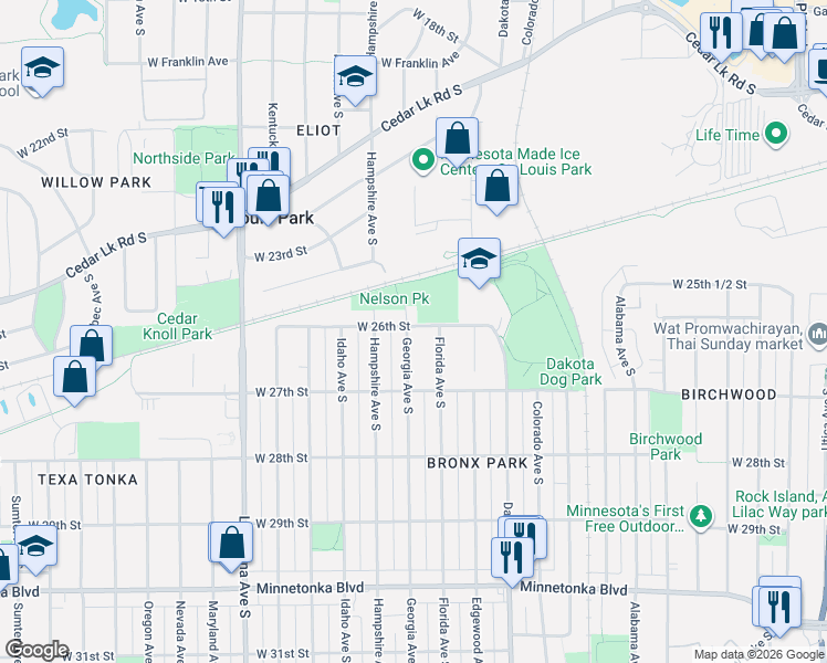 map of restaurants, bars, coffee shops, grocery stores, and more near 2601 Georgia Avenue South in Minneapolis
