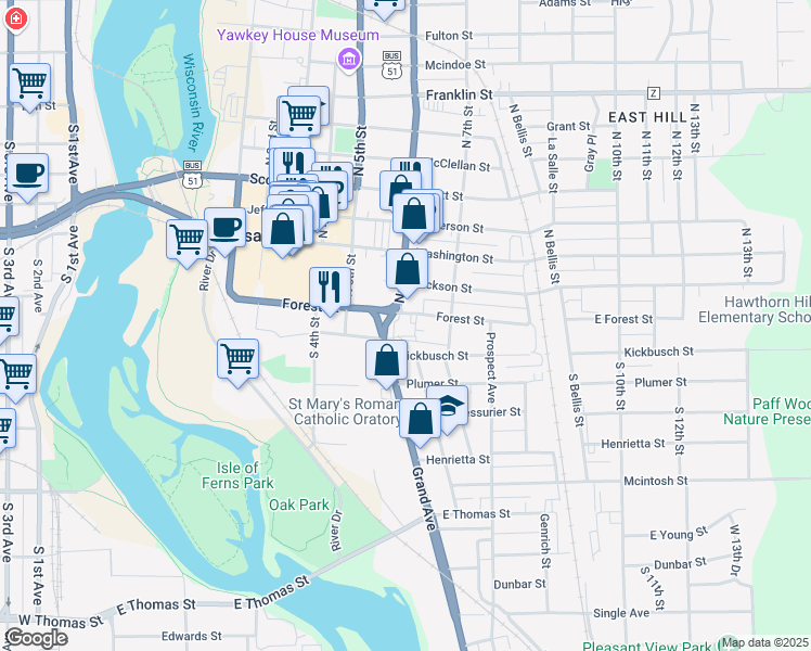 map of restaurants, bars, coffee shops, grocery stores, and more near 601 Forest Street in Wausau