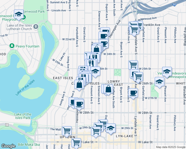 map of restaurants, bars, coffee shops, grocery stores, and more near 2519 Hennepin Avenue South in Minneapolis