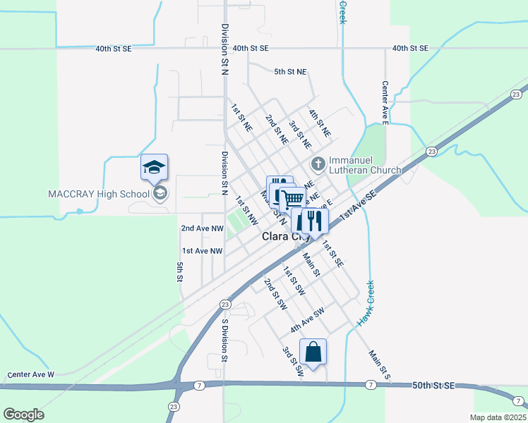 map of restaurants, bars, coffee shops, grocery stores, and more near 18 2nd Avenue Northwest in Clara City