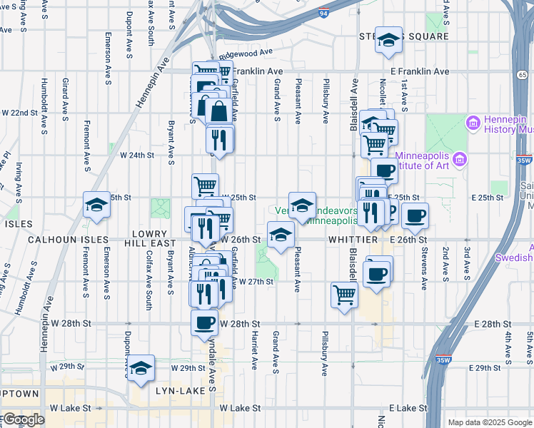 map of restaurants, bars, coffee shops, grocery stores, and more near 2520 Grand Avenue South in Minneapolis