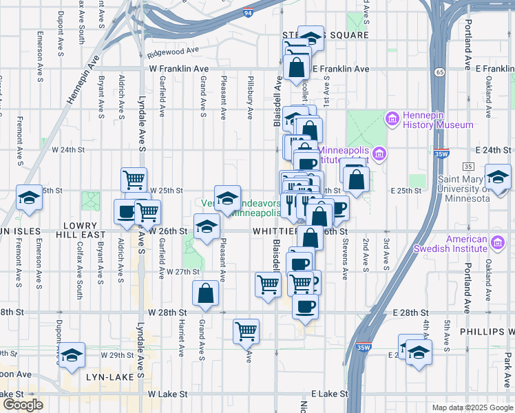 map of restaurants, bars, coffee shops, grocery stores, and more near 2521 Pillsbury Avenue in Minneapolis