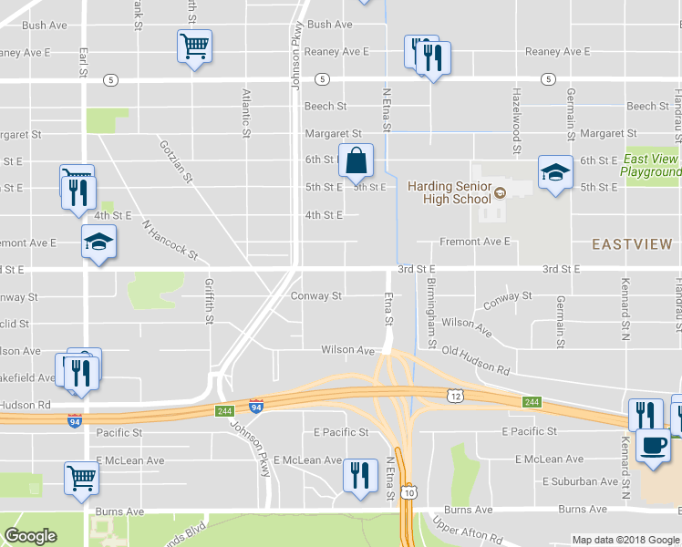 map of restaurants, bars, coffee shops, grocery stores, and more near 1348 3rd Street East in Saint Paul