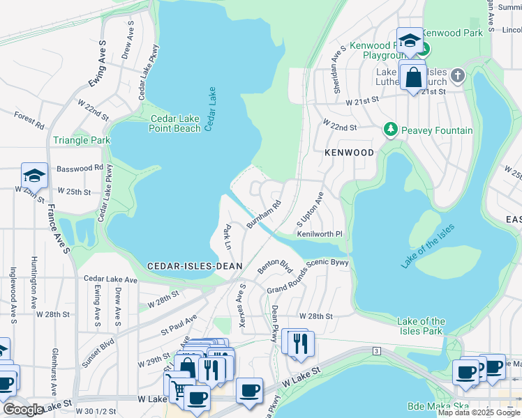 map of restaurants, bars, coffee shops, grocery stores, and more near 2600 Burnham Road in Minneapolis