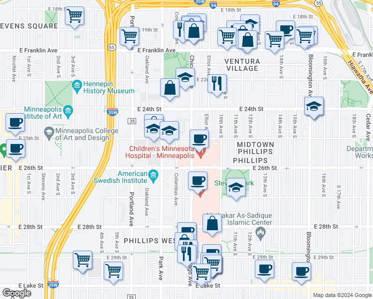 map of restaurants, bars, coffee shops, grocery stores, and more near 2530 Chicago Avenue in Minneapolis